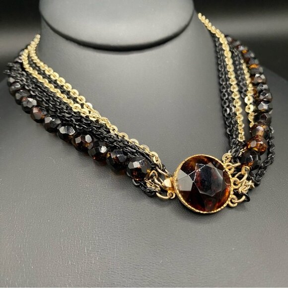 Vintage Brown Glass Multistrand Necklace in Black and Gold Chain - Picture 1 of 7